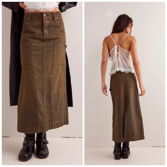 Free People Dresses & Skirts - Free People Harmonica Coated Denim Maxi Skirt Blue Brown Size 32